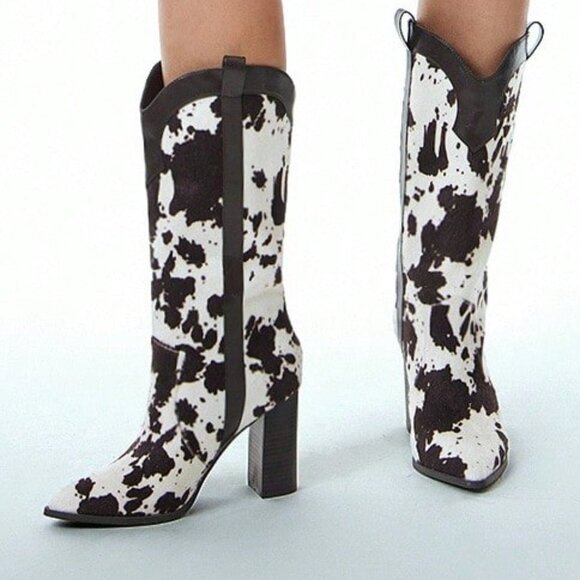 Multicolor Casual Women's Cow Print Cute Western Style Heeled Boots - Picture 3 of 7